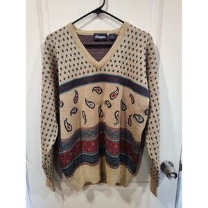 Men's Vintage Hogan Wool Blend  V-Neck Paisley Pullover Sweater XL